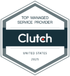 Hexagonal badge displaying "Top IT Services Managed Service Provider," "Clutch," "United States," and "2025," indicating prestigious recognition by Clutch.