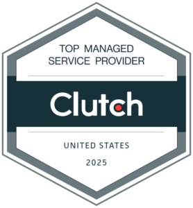 Hexagonal badge displaying "Top IT Services Managed Service Provider," "Clutch," "United States," and "2025," indicating prestigious recognition by Clutch.