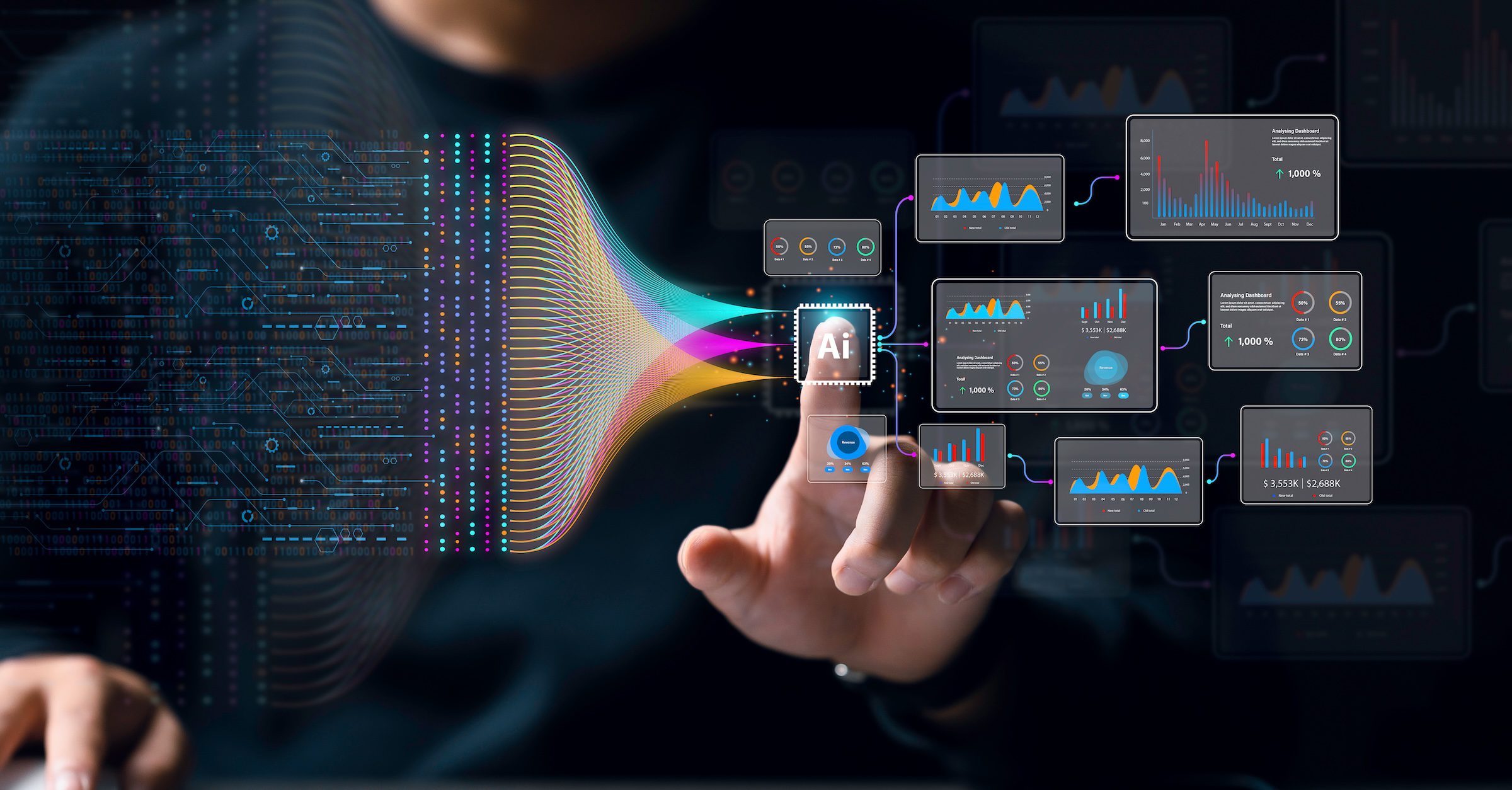 A person touches an AI icon on a virtual interface, with colorful data streams and analytic charts connected to it, symbolizing artificial intelligence, data analysis, and the emerging presence of Shadow AI.