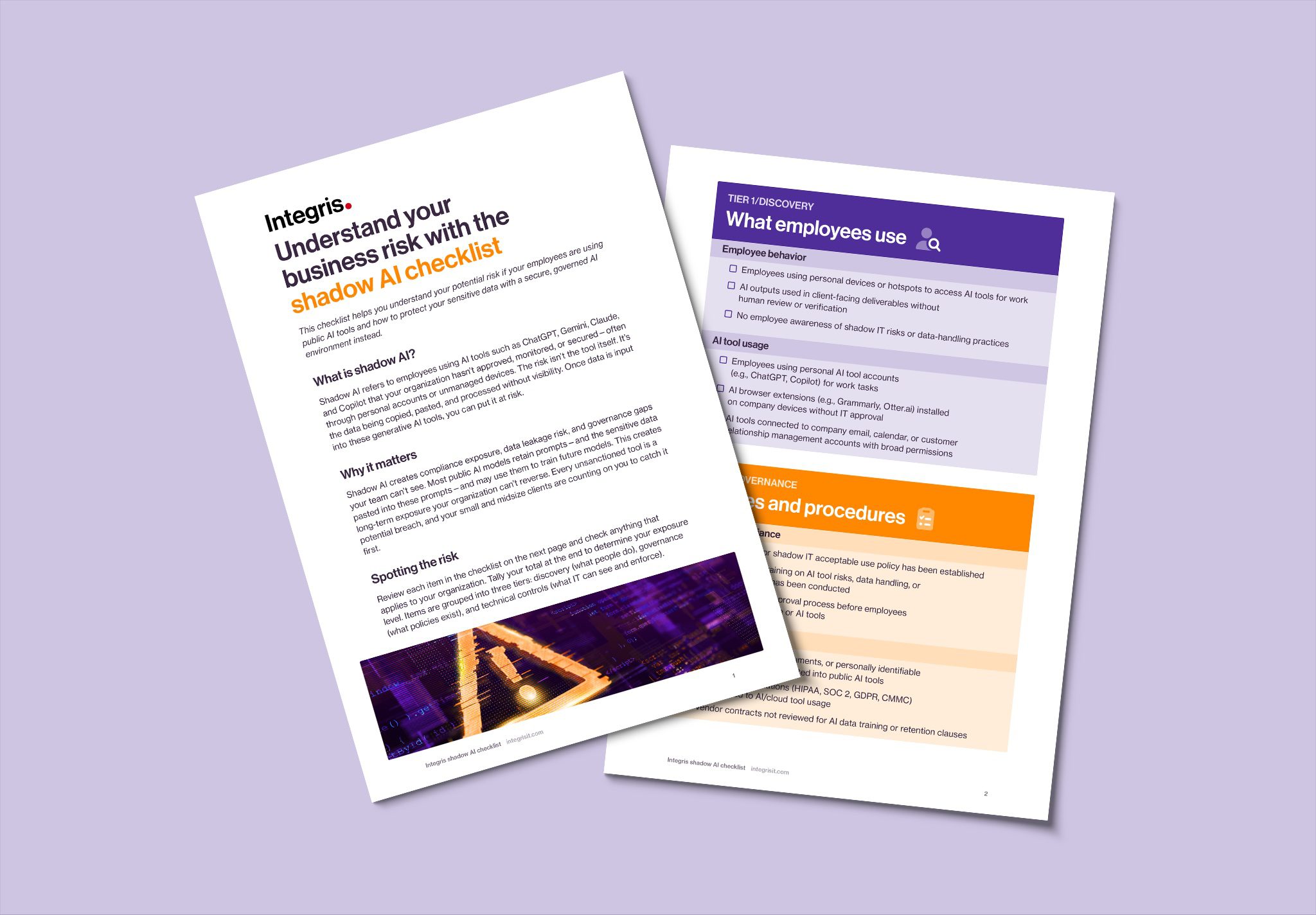 Two informational business documents titled “Understand your business risk with the shadow AI checklist” are displayed side by side on a purple background.