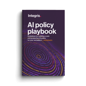Book titled "AI policy playbook" by Integris, featuring a dark cover with colorful, swirling circular lines and text about workplace AI policy guidelines and worksheets.