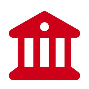 Red icon of a classical building with three columns and a triangular roof, resembling a bank or government institution, on a light background, symbolizing trust and stability—ideal for managed AI solutions.
