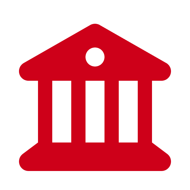 Red icon of a classical building with three columns and a triangular roof, resembling a bank or government institution, on a light background, symbolizing trust and stability—ideal for managed AI solutions.