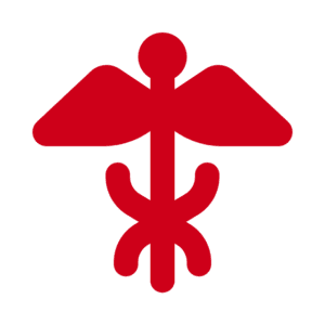 A red caduceus symbol with two wings and two entwined lines, representing managed AI, displayed on a light gray background.