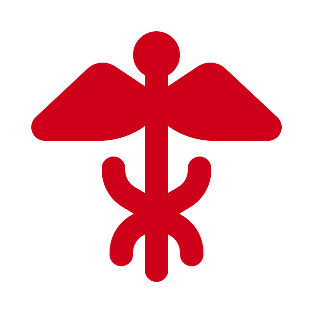 A red caduceus symbol with two wings and two entwined lines, representing managed AI, displayed on a light gray background.
