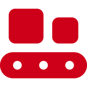 A red icon with two rounded squares above a rounded rectangle containing three evenly spaced circular cutouts, representing managed AI, on a light background.
