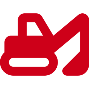 Red icon of an excavator with a simple, minimalist design on a light gray background, representing managed AI solutions for modern construction.