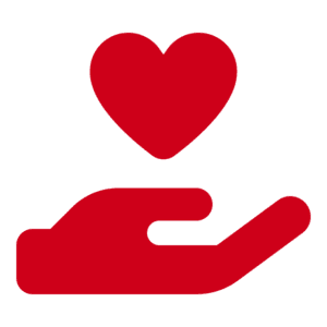 A red hand icon with an open palm is shown with a red heart floating above it on a light gray background, symbolizing the care and support offered by managed AI solutions.