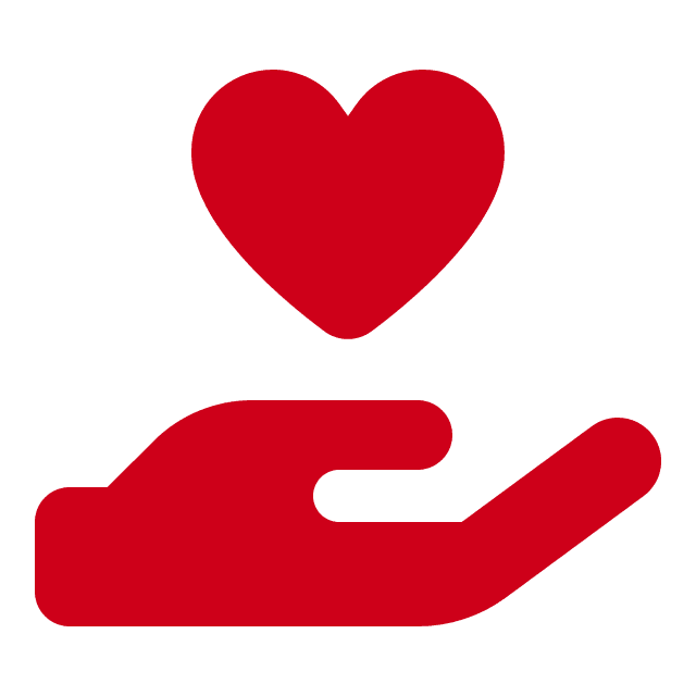 A red hand icon with an open palm is shown with a red heart floating above it on a light gray background, symbolizing the care and support offered by managed AI solutions.