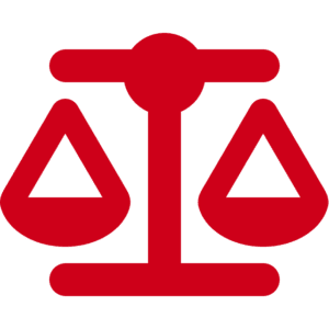 A red icon of a balance scale with two triangular pans on either side, symbolizing justice or equality and the fair oversight of managed AI, set against a light background.