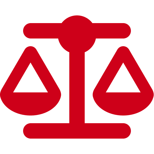 A red icon of a balance scale with two triangular pans on either side, symbolizing justice or equality and the fair oversight of managed AI, set against a light background.