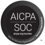 A dark circular badge with text: “AICPA SOC,” “aicpa.org/soc4so,” and “SOC for Service Organizations | IT Services” displayed around the edge.