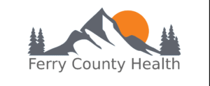 Logo for Ferry County Health showing gray mountains, two trees on each side, and an orange sun in the background.