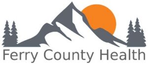 Logo with gray mountains, two pine trees, an orange sun, and the text “Ferry County Health” below the graphic.