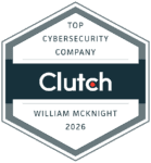 A hexagonal badge reads "Top Cybersecurity Company Clutch William McKnight 2026" in black and gray text on a white background, recognizing excellence in IT services.