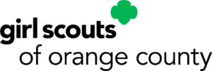 Girl Scouts of Orange County logo with black text and a green trefoil symbol above the word “scouts.”.