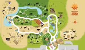 Map of Sedgwick County Zoo with the Giraffe Pavilion highlighted as the Integris catered picnic and the entrance highlighted as Integris check-in. The four special attraction options are also highlighted in purple.