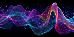 A colorful 3D wave of dots and lines forms a dynamic abstract shape on a black background, blending purple, blue, pink, orange, and yellow hues with scattered small particles—symbolizing the seamless integration and connectivity at the heart of CORE Managed Services.