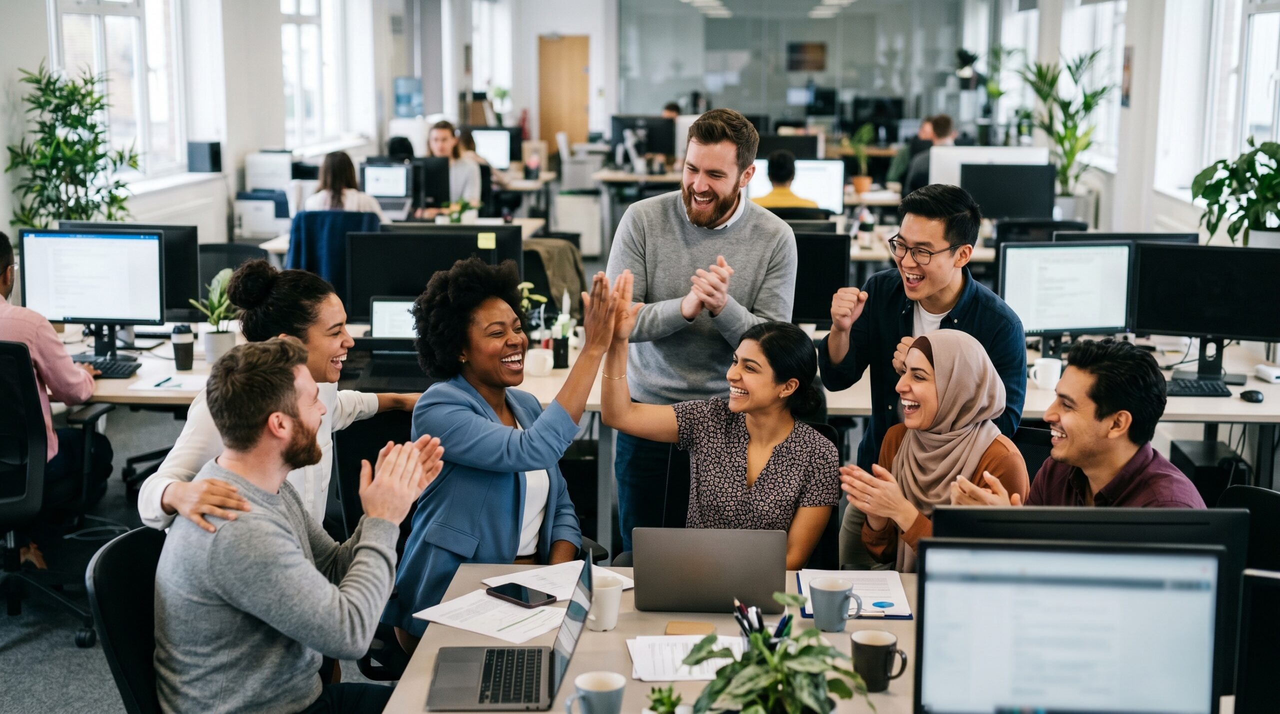 A group of coworkers sit and stand around a table in an office, smiling, clapping, and high-fiving in celebration of a successful CORE Managed Services project.
