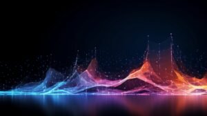 Colorful digital waveforms with blue and orange peaks, set against a dark background, resembling a data visualization or abstract sound waves reflected on a shiny surface—an image that captures the dynamic flow and precision of CORE Managed Services.