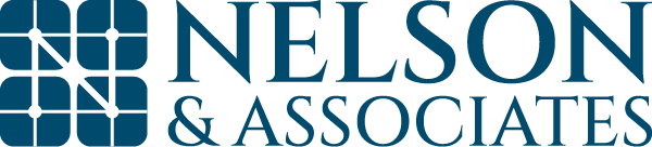 Logo for Nelson & Associates featuring a blue geometric symbol on the left and the company name in large blue letters on the right.