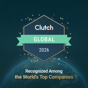 Clutch Global 2026 badge above Earth, with text: “Recognized Among the World’s Top Companies.” Confetti appears around the badge.