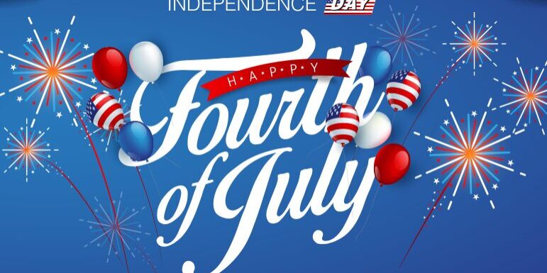 Happy Fourth of July text with red, white, and blue balloons and fireworks on a blue background.