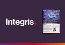 The image shows the Integris logo beside a digital brochure featuring AI graphics, text, and a profile photo on a dark purple background.