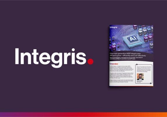 The image shows the Integris logo beside a digital brochure featuring AI graphics, text, and a profile photo on a dark purple background.