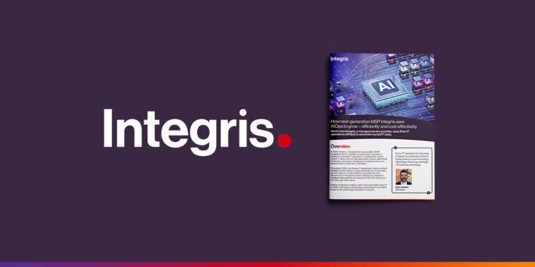 The image shows the Integris logo beside a digital brochure featuring AI graphics, text, and a profile photo on a dark purple background.