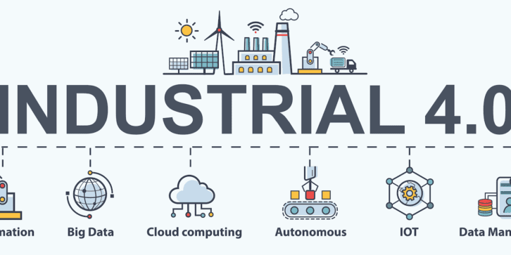 Illustration of Industrial 4.0 concepts including Automation, Big Data, Cloud Computing, Autonomous systems, IoT, and Data Management, represented with corresponding icons.