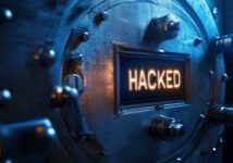 A large vault door features a digital display with the word “HACKED” illuminated in orange letters, suggesting a security breach.