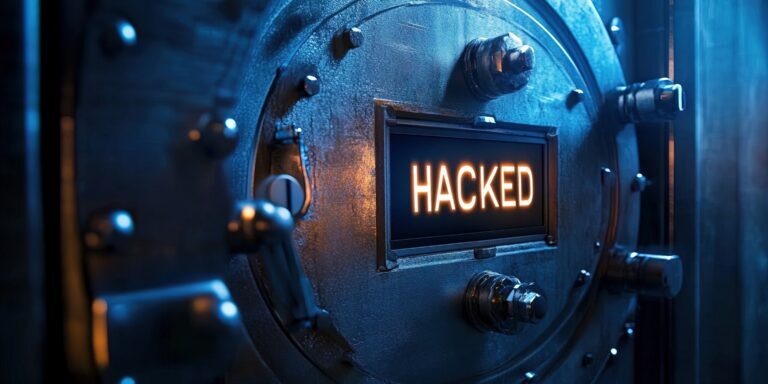 A large vault door features a digital display with the word “HACKED” illuminated in orange letters, suggesting a security breach.