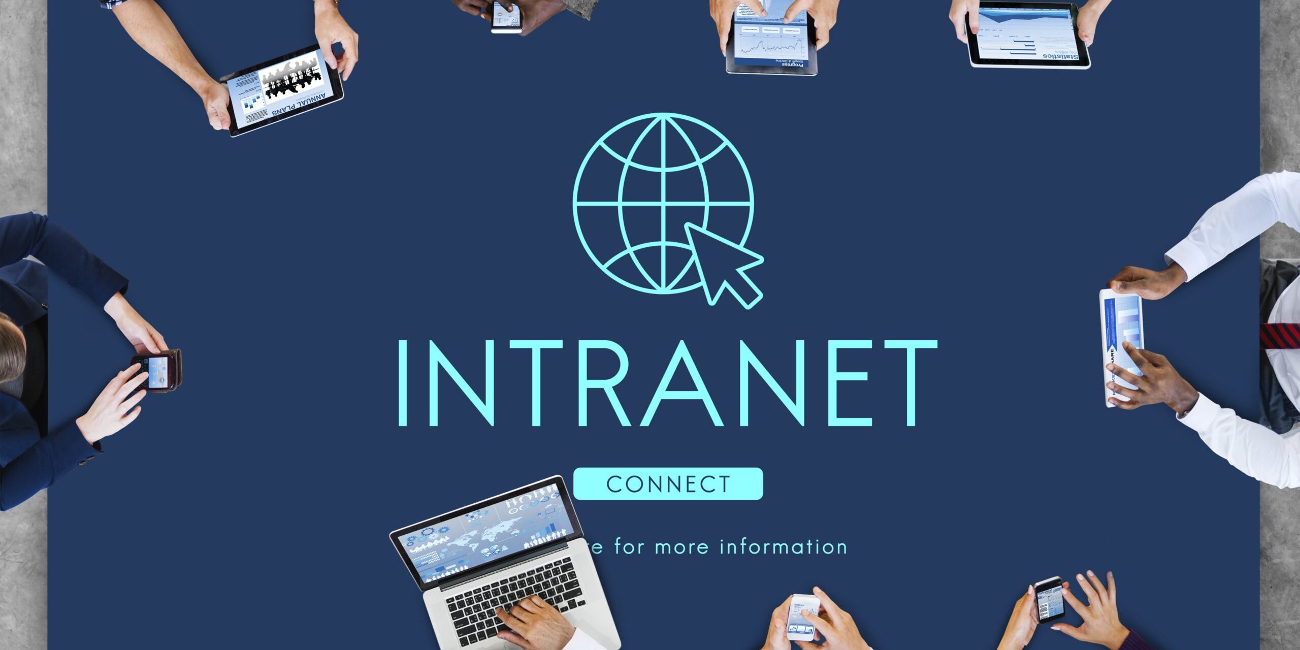 A diverse group of people sit around a table, each engaged with various electronic devices. At the center of the table is a large "INTRANET" graphic featuring a globe icon and the word "CONNECT," reminiscent of SharePoint Intranet platforms.