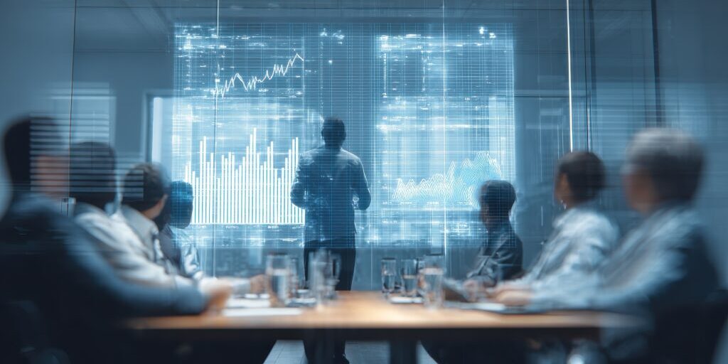 A group of people in a conference room watches a person standing and presenting data charts and graphs on a large transparent screen during an important assessment.