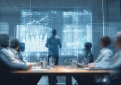 A group of people in a conference room watches a person standing and presenting data charts and graphs on a large transparent screen during an important assessment.