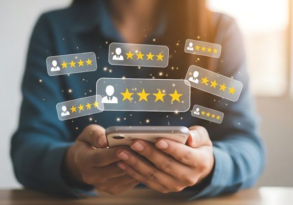 Person holding a smartphone with digital five-star rating icons floating above, symbolizing online reviews and customer feedback.