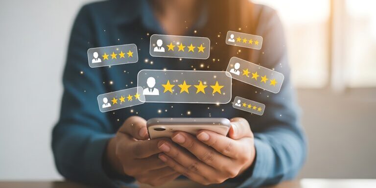 Person holding a smartphone with digital five-star rating icons floating above, symbolizing online reviews and customer feedback.