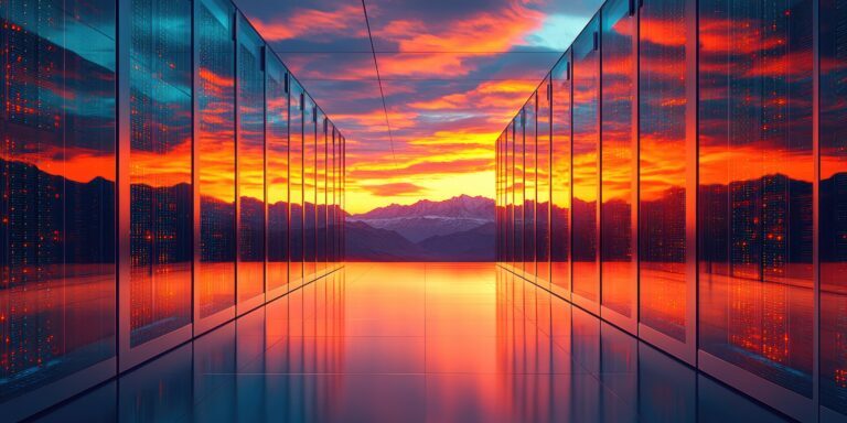 Rows of glass server racks in a data center reflect a vivid sunset with mountains visible through large windows at the end of the hallway.