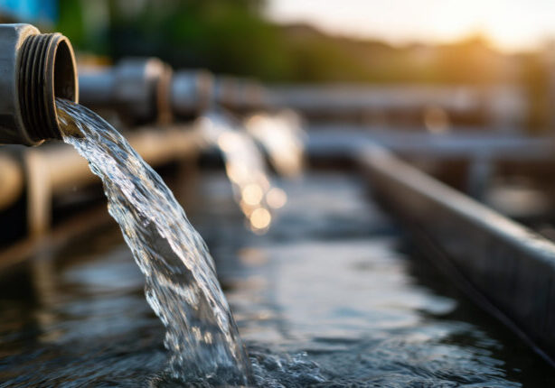 Close-up of clear water flowing from metal pipes into a basin at a water treatment facility, with sunlight in the background.