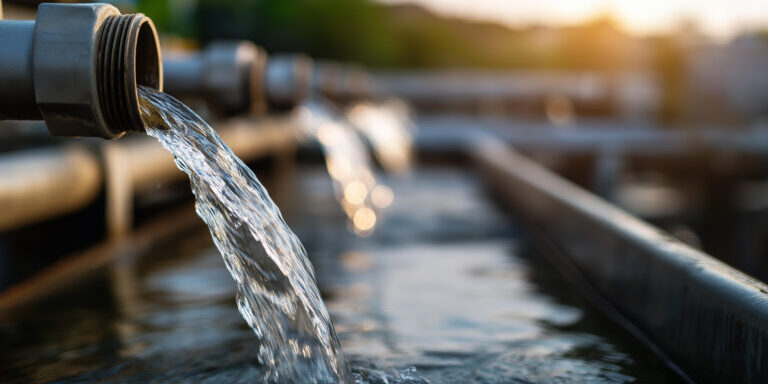 Close-up of clear water flowing from metal pipes into a basin at a water treatment facility, with sunlight in the background.