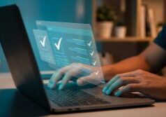 Person typing on a laptop with digital checklists and documents displayed as holographic overlays, in a home office setting.
