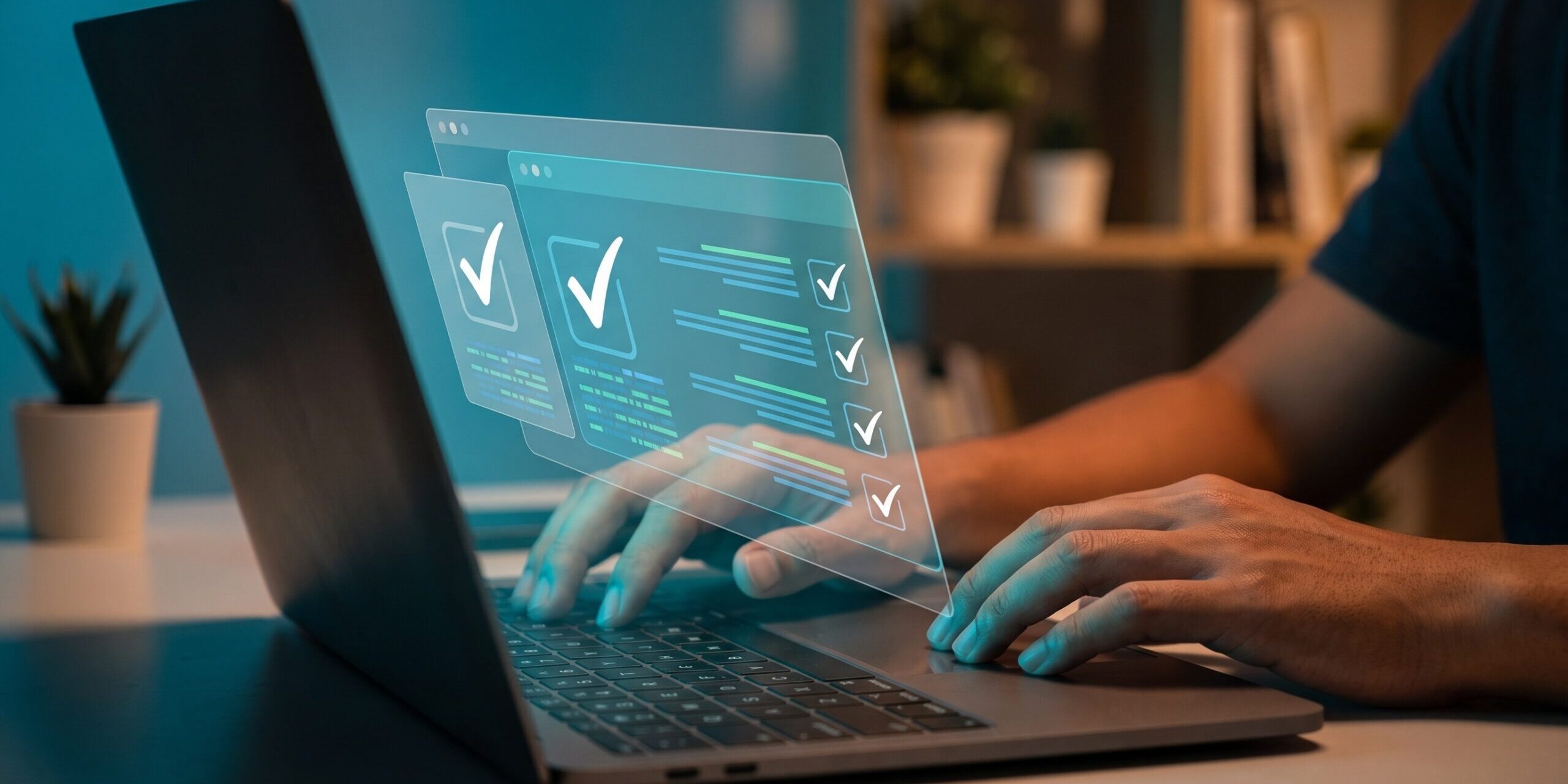 Person typing on a laptop with digital checklists and documents displayed as holographic overlays, in a home office setting.
