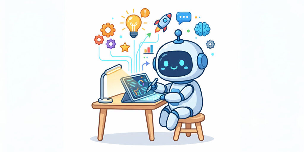 A robot sits at a desk using a tablet. Colorful icons of gears, a lightbulb, rocket, brain, and charts appear above, symbolizing technology, innovation, and data.