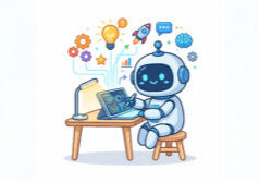 A robot sits at a desk using a tablet. Colorful icons of gears, a lightbulb, rocket, brain, and charts appear above, symbolizing technology, innovation, and data.