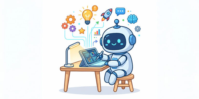 A robot sits at a desk using a tablet. Colorful icons of gears, a lightbulb, rocket, brain, and charts appear above, symbolizing technology, innovation, and data.