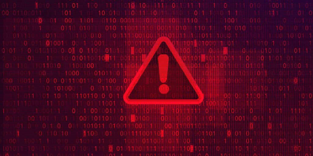 Red warning symbol with an exclamation mark on a background of red binary code, signaling a National Public Data Breach.