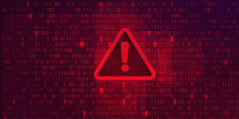 Red warning symbol with an exclamation mark on a background of red binary code, signaling a National Public Data Breach.