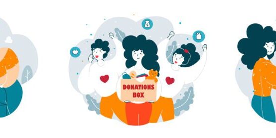 Three illustrated scenes: a woman giving food to an elderly person, two women promoting a donations box, and a woman putting a coin in the donations box.
