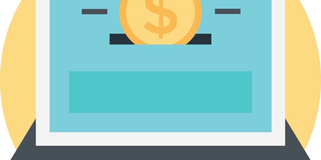 Illustration of a laptop with a dollar sign on the screen, indicating financial transactions or online payments.